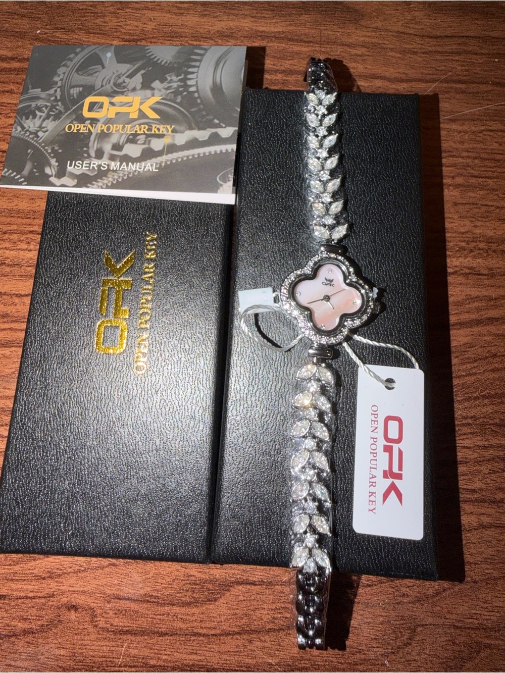 OP Silver Crystal Bracelet Watch with Pink Floral Mother-of-Pearl Dial